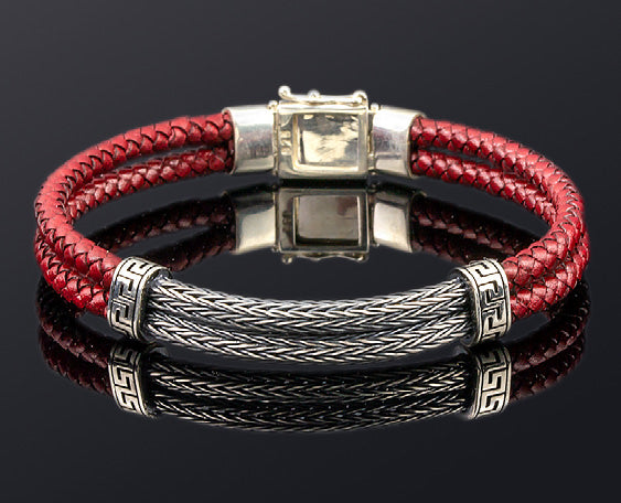 Sterling Silver Bracelet with Double Braided Chain and Doubled Braided Genuine Leather