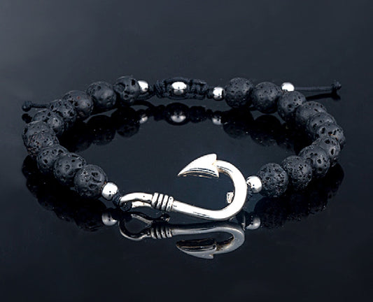 Adjustable Sterling Silver Hook Bracelet with Black Lava Beads