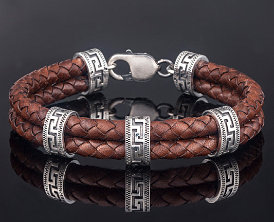 Sterling Silver Bracelet with Greek Key Motifs and Genuine Braided Leather