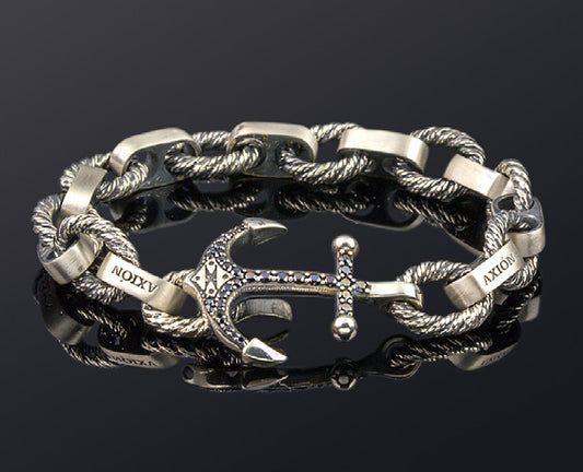 Sterling Silver Link & Chain Bracelet with Anchor and Black Zircons