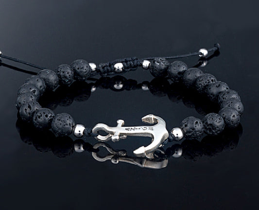 Adjustable Sterling Silver Axion Anchor Bracelet with Black Lava Beads
