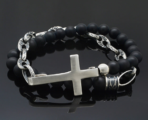 Sterling Silver Double Wrap Bracelet with Cross, Link, and Beads