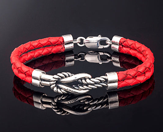 Sterling Silver Ribbed Nautical Knot Bracelet with Genuine Leather