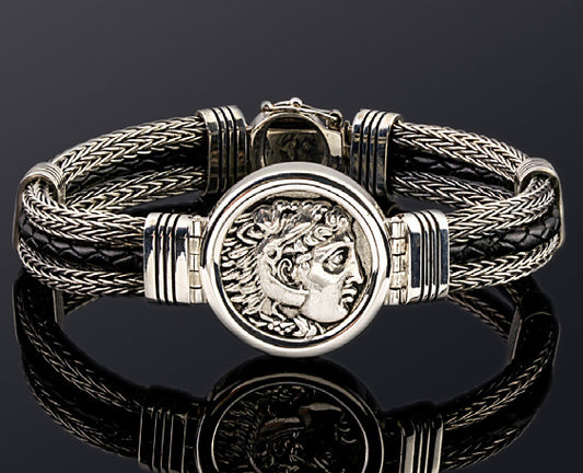 Sterling Silver Alexander the Great Coin Bracelet with Braided Genuine Leather