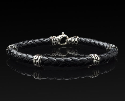 Bracelet with Sterling Silver Greek Motifs and Braided Genuine Leather